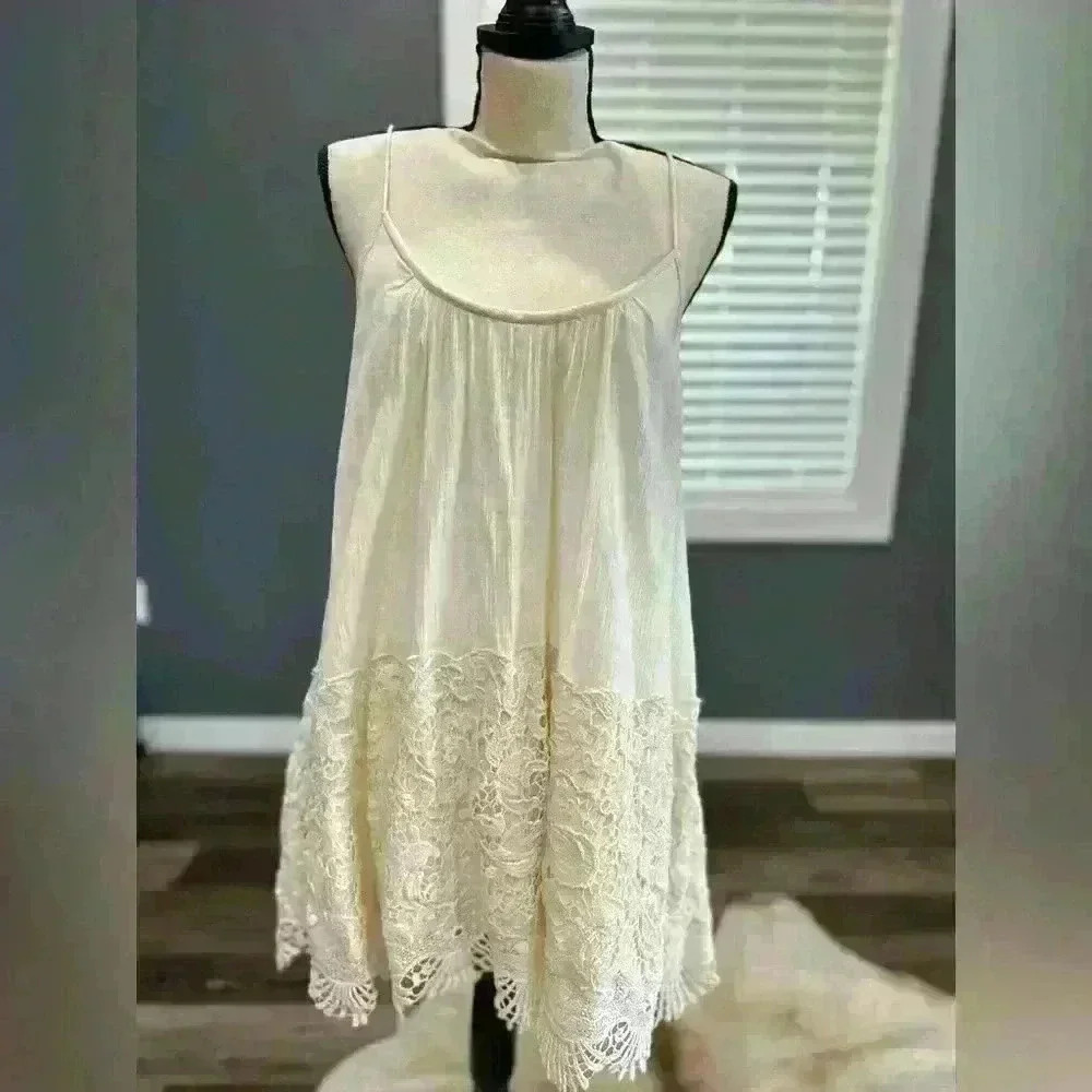 Free People Lace Dress Small Layering Embroidered Boho Cream Oversized